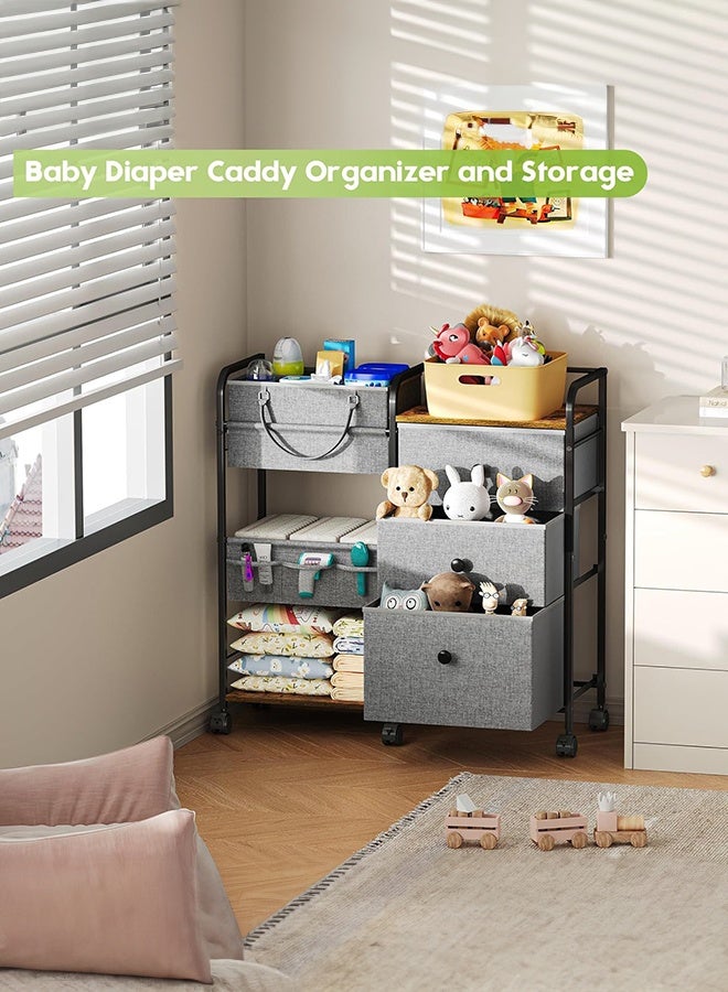 WALALLA 2-in-1 Baby Diaper Caddy & Nursery Organizer, 3-Tier Rolling Cart with Dividers, Drawers & Wheels, Large Capacity Mobile Storage for Baby Essentials, Easy Assembly, Gray - Image 2